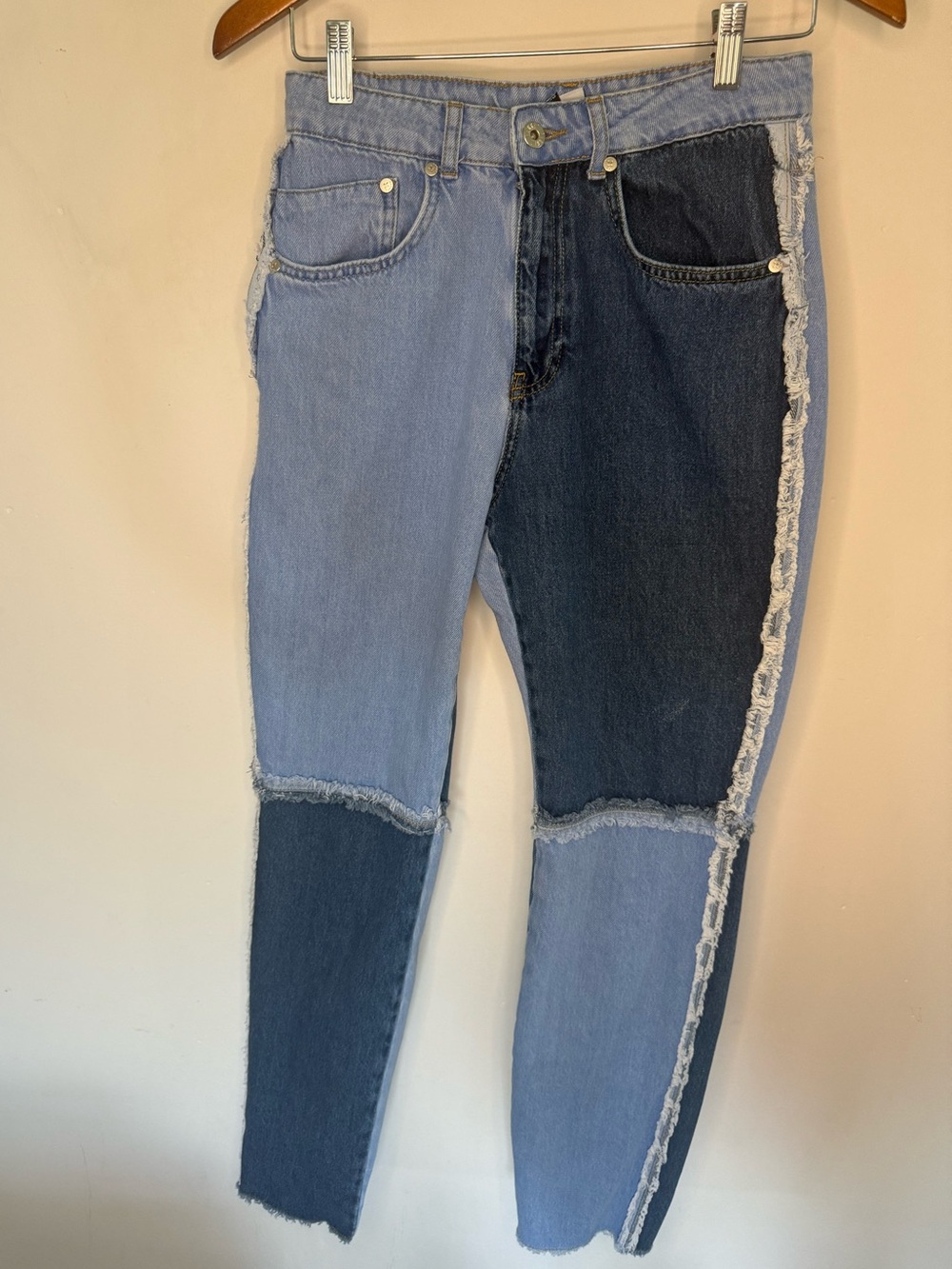 Ragged Jeans Two-Tone Light & Dark Blue Patchwork High-Waist Jeans